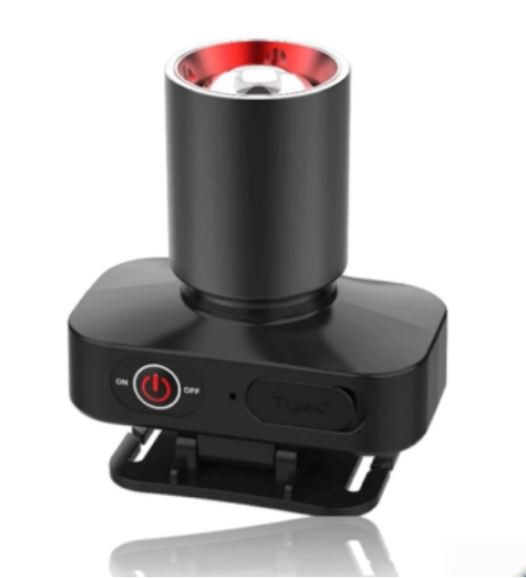 Compact black LED headlamp with adjustable zoomable lens beam angle and USB-C charging port